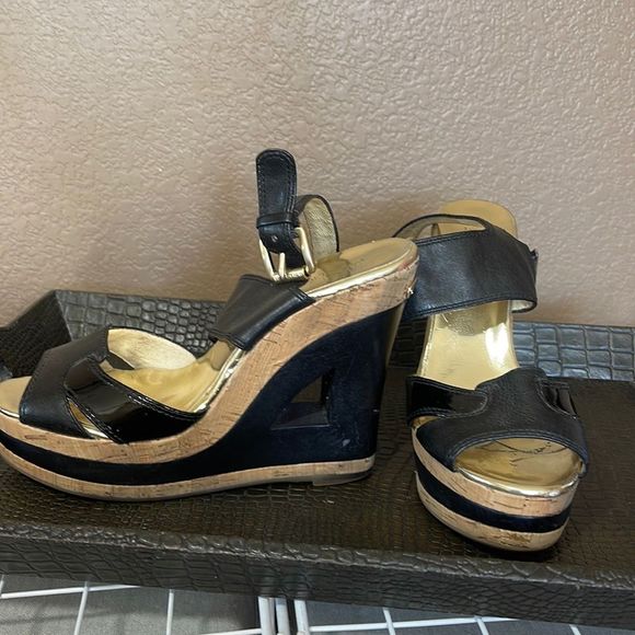 Michael Kors Shoes - Michael Kors Wedges Black Patent Leather Gold Cork Sandal Heels Boho size 7.5